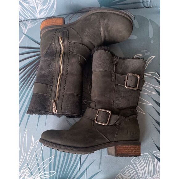 UGG OREGON BLACK SUEDE SHEEPSKIN SHEARLING ANKLE BUCKLE BOOT sz 5.5 - Picture 7 of 11